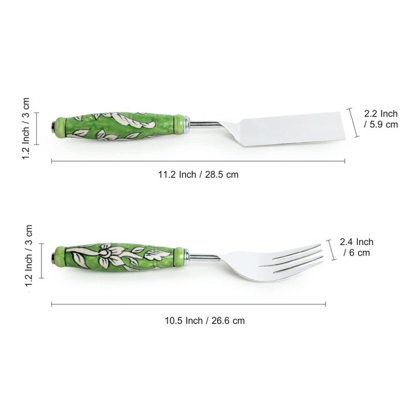 ExclusiveLane ExclusiveLane The Mughal Zahri HandPainted Stainless Steel Ceramic Serving Fork Cake Scraper Set of 2 Pasta Salad Server Noodle Serving Spoons for Kitchen Cake Cutter Slicer Tool Serveware  - Image 5