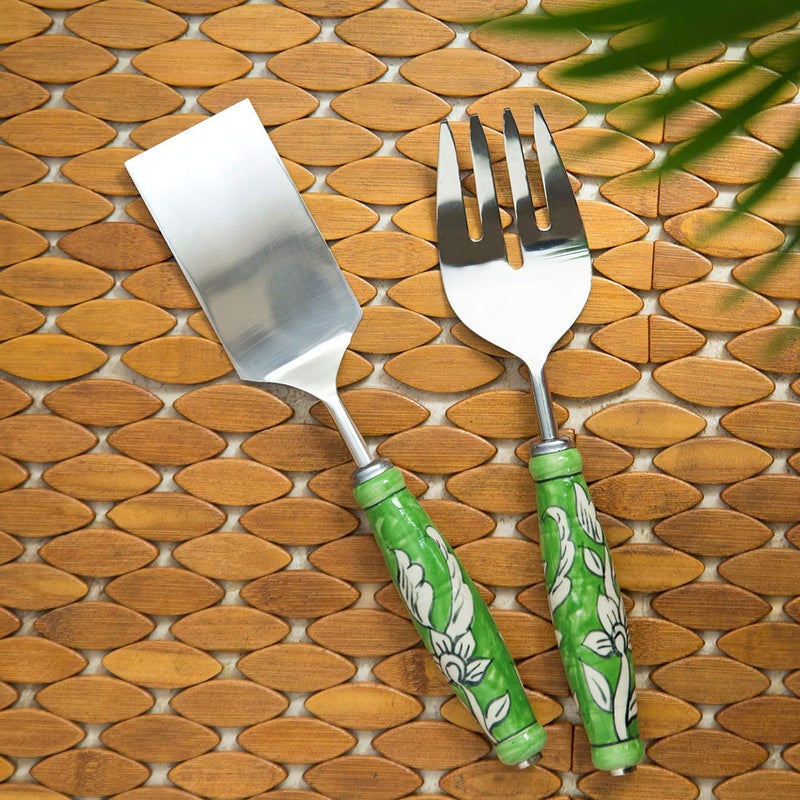 ExclusiveLane ExclusiveLane The Mughal Zahri HandPainted Stainless Steel Ceramic Serving Fork Cake Scraper Set of 2 Pasta Salad Server Noodle Serving Spoons for Kitchen Cake Cutter Slicer Tool Serveware  - Image 1
