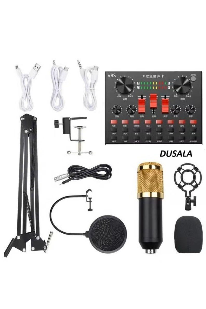 DUSALA Professional Condenser Microphone With V8S Live Sound Card And Studio Recording Broadcasting Set Black/Gold - Image 1