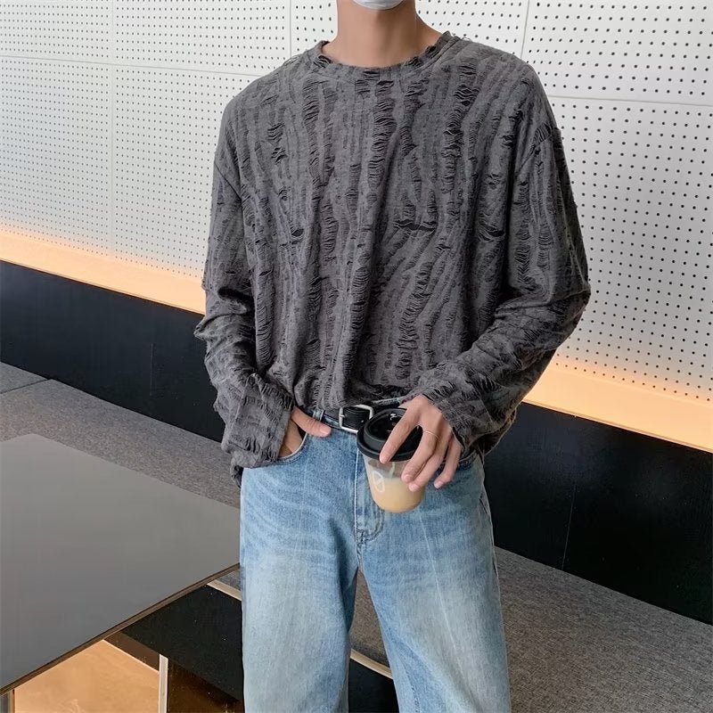 Korean Version Of Ins Niche Design Crew Neck Hole Long Sleeve Men'S And Women'S Retro Distressed Loose Top Abstinence T-Shirt Drape - Image 5