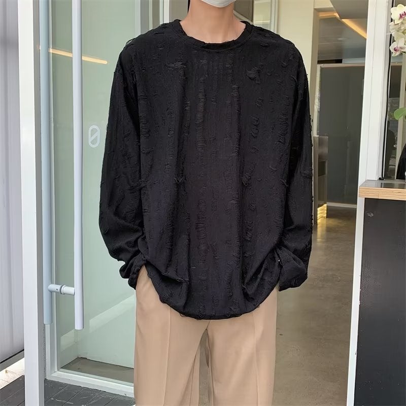 Korean Version Of Ins Niche Design Crew Neck Hole Long Sleeve Men'S And Women'S Retro Distressed Loose Top Abstinence T-Shirt Drape - Image 1