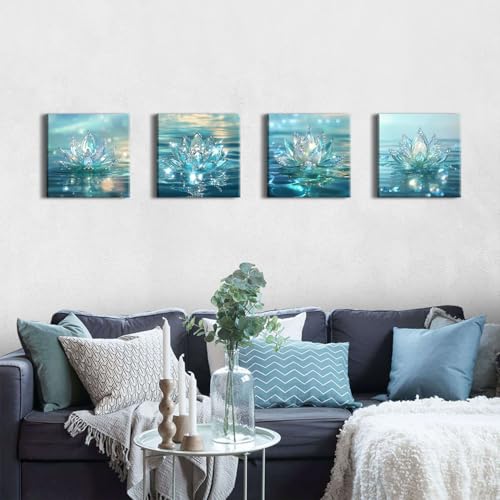 AREBOLO Lotus Flower Wall Art Teal Bathroom Wall Decor Zen Picture for Walls Canvas Prints Paintings Spiritual Meditation Wall Decor Turquoise Water Flowers Poster Yoga Room Artwork Decorations 12x12" 4Pcs - Image 5