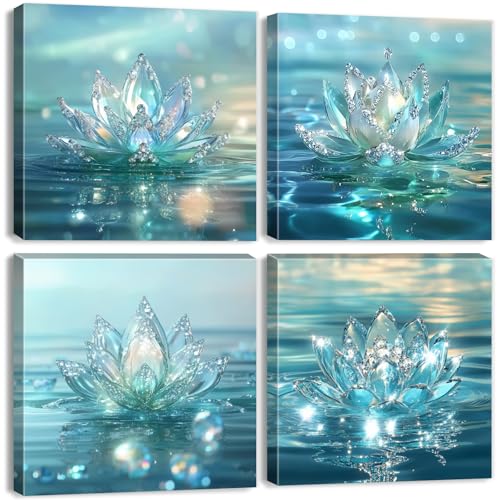 AREBOLO Lotus Flower Wall Art Teal Bathroom Wall Decor Zen Picture for Walls Canvas Prints Paintings Spiritual Meditation Wall Decor Turquoise Water Flowers Poster Yoga Room Artwork Decorations 12x12" 4Pcs - Image 1