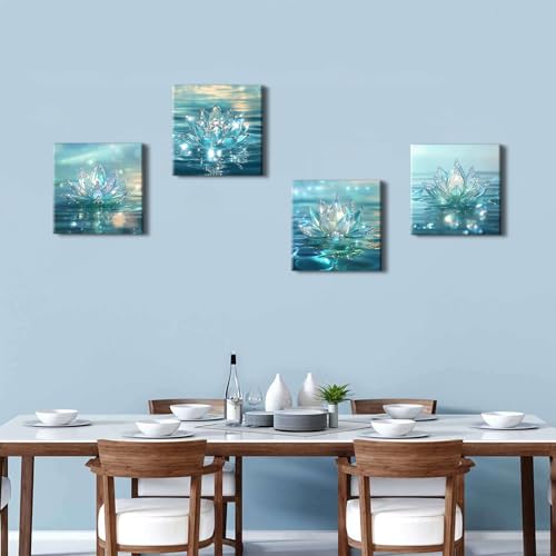 AREBOLO Lotus Flower Wall Art Teal Bathroom Wall Decor Zen Picture for Walls Canvas Prints Paintings Spiritual Meditation Wall Decor Turquoise Water Flowers Poster Yoga Room Artwork Decorations 12x12" 4Pcs - Image 3