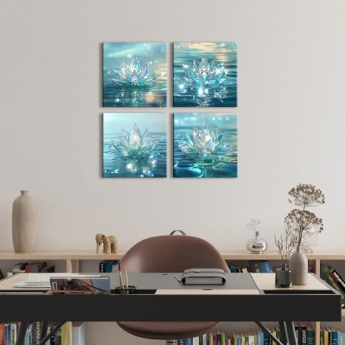 AREBOLO Lotus Flower Wall Art Teal Bathroom Wall Decor Zen Picture for Walls Canvas Prints Paintings Spiritual Meditation Wall Decor Turquoise Water Flowers Poster Yoga Room Artwork Decorations 12x12" 4Pcs - Image 2