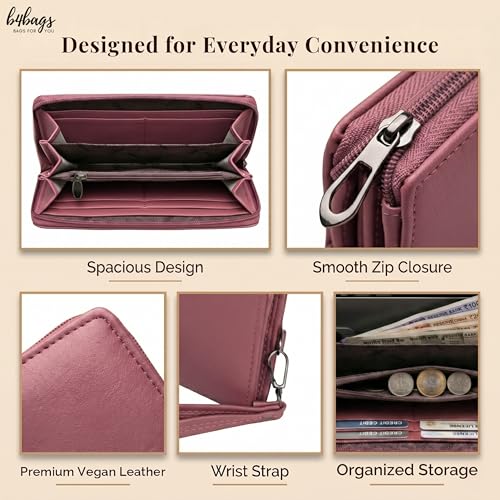 b4bags Wallet for Woman Vegan Leather Ladies Clutch Purse with Detacable Strap (Pink) - Image 5