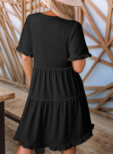Dokotoo Summer Dresses for Women 2026 Short Sleeve V Neck A Line Empire Waist Casual Flowy Ruffle Cute Baby Doll Western Mini Short Dress Spring Dress Modest Black Dresses for Women Plus Size M - Image 3