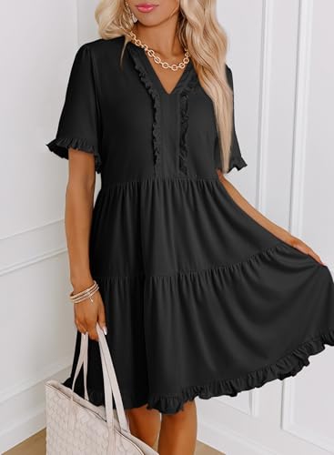 Dokotoo Summer Dresses for Women 2026 Short Sleeve V Neck A Line Empire Waist Casual Flowy Ruffle Cute Baby Doll Western Mini Short Dress Spring Dress Modest Black Dresses for Women Plus Size M - Image 2