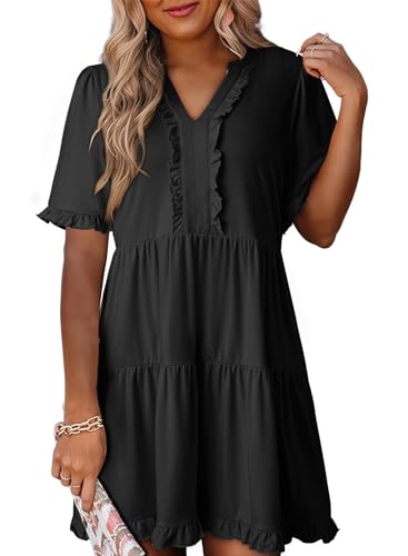 Dokotoo Summer Dresses for Women 2026 Short Sleeve V Neck A Line Empire Waist Casual Flowy Ruffle Cute Baby Doll Western Mini Short Dress Spring Dress Modest Black Dresses for Women Plus Size M - Image 1