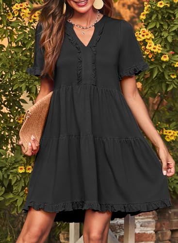 Dokotoo Summer Dresses for Women 2026 Short Sleeve V Neck A Line Empire Waist Casual Flowy Ruffle Cute Baby Doll Western Mini Short Dress Spring Dress Modest Black Dresses for Women Plus Size M - Image 4