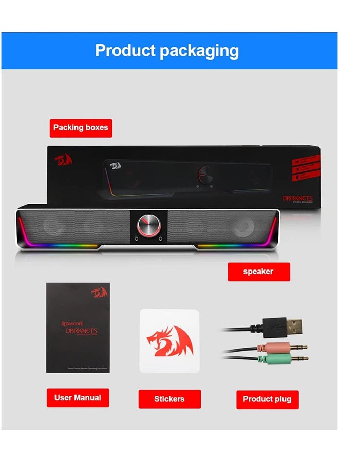 REDRAGON Darknets GS570 BT Speaker, 4 Different Mode RGB Lights, 2 Channel Stereo Core, BT 5.0, 65db Sound, 150Hz-20kHz Freq, Classic Volume Button, 3.5mm AUX Jack & USB Port, Black | Darknets GS570 - Image 5