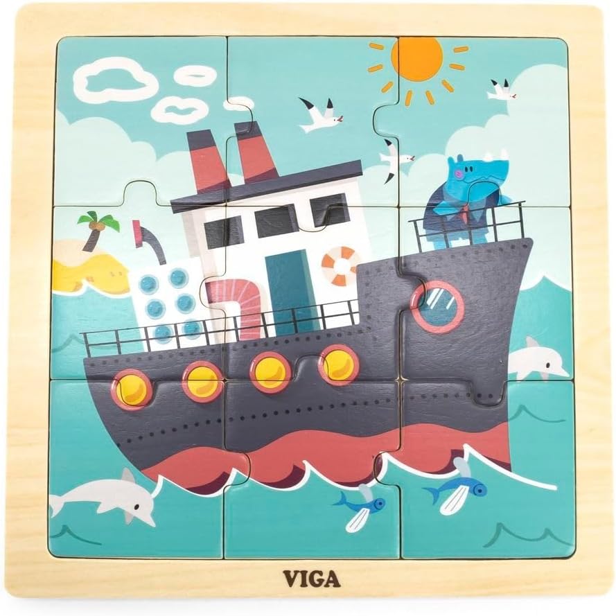 VIGA Rhino on a Ship 9-Piece Jigsaw Puzzle - Montessori Wooden Toy for Kids