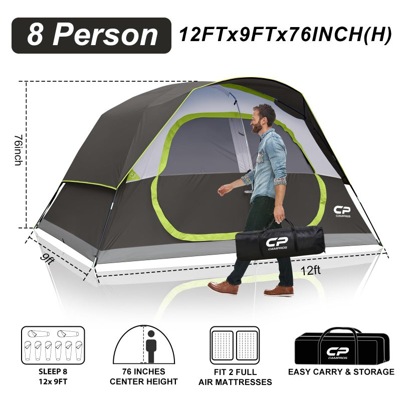 CAMPROS CP Tent 8 Person Camping Tents, Waterproof Windproof Family Dome Tent with Rainfly, Large Mesh Windows, Wider Door, Easy Setup, Portable with Carry Bag (Dark Gray) - Image 2