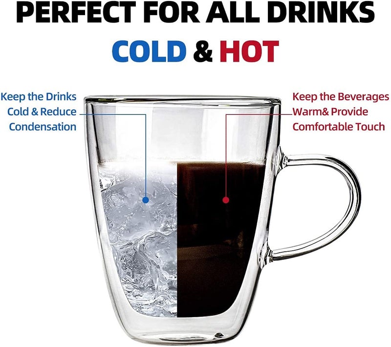 Femora Double Wall Glass Tea Cups, 360 Ml | Insulated Tea & Coffee Cups, Hot & Cold Drinks, Coffee, Tea, Milk, Cappuccino, Juice, Microwave Safe, Stylish Espresso Chocolate Beverage | Pack of 2 - Image 4