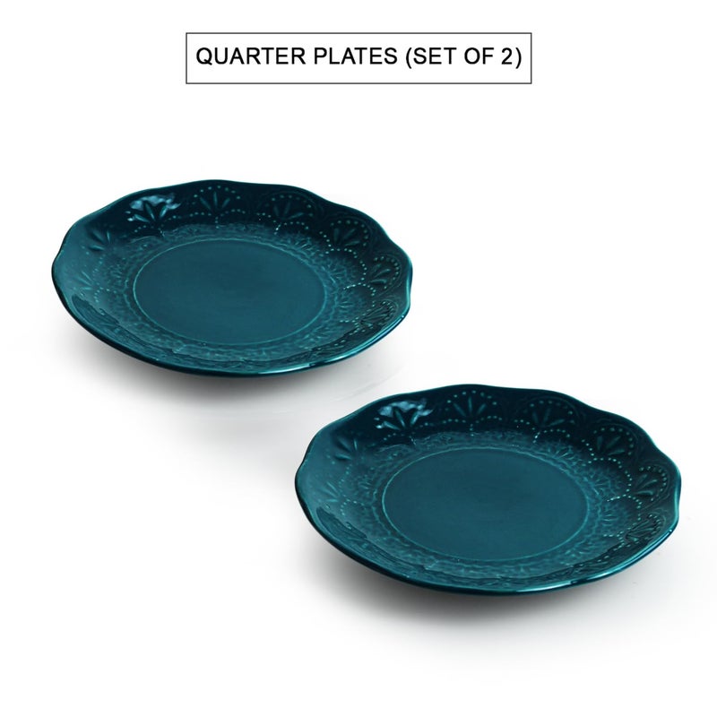 ExclusiveLane 'Teal Forest' Hand Glazed Ceramic Plates for Dinner Set of 2 (Dishwasher & Microwave Safe Plates) | Hand-Etched Quarter Plates Set Dinner Plates Snacks Plates Ceramic Serveware - Image 2