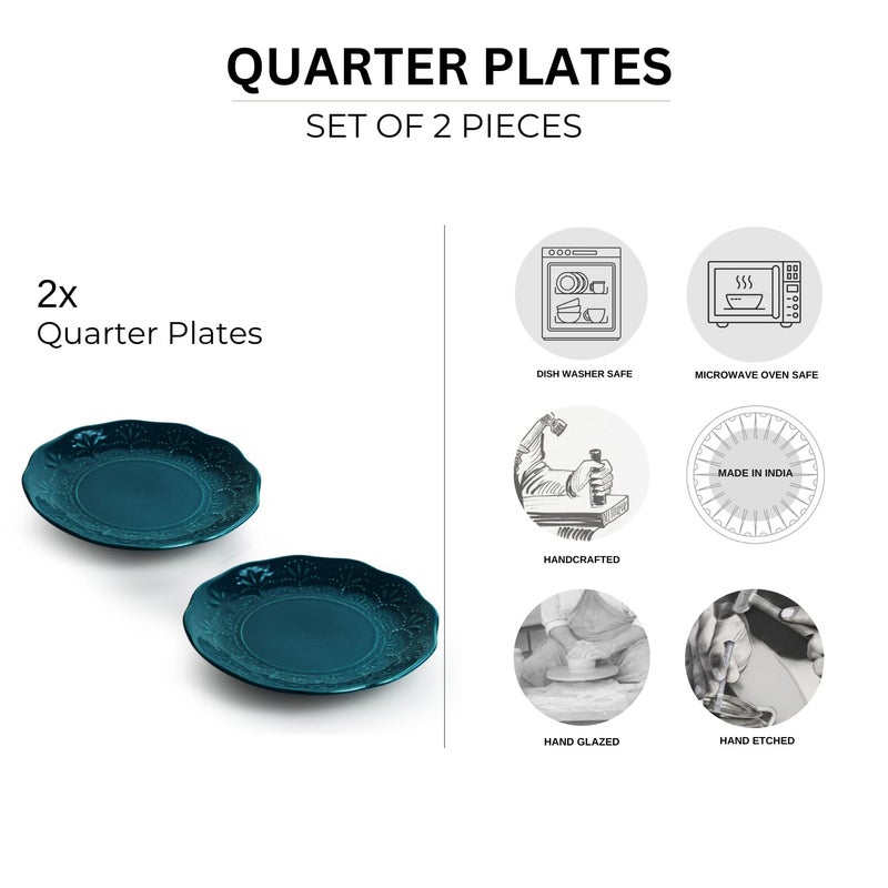 ExclusiveLane 'Teal Forest' Hand Glazed Ceramic Plates for Dinner Set of 2 (Dishwasher & Microwave Safe Plates) | Hand-Etched Quarter Plates Set Dinner Plates Snacks Plates Ceramic Serveware - Image 5