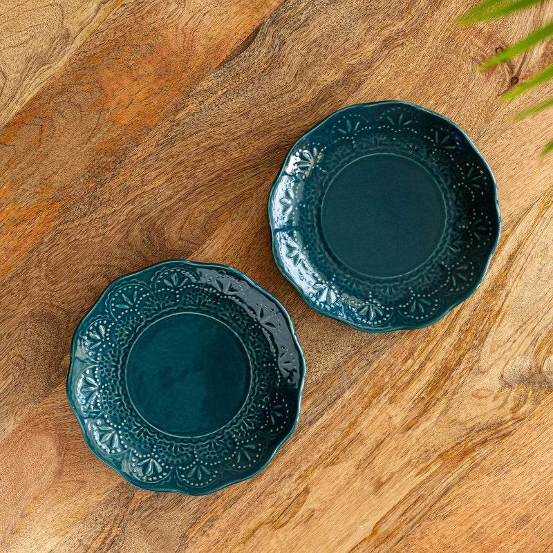 ExclusiveLane 'Teal Forest' Hand Glazed Ceramic Plates for Dinner Set of 2 (Dishwasher & Microwave Safe Plates) | Hand-Etched Quarter Plates Set Dinner Plates Snacks Plates Ceramic Serveware - Image 1