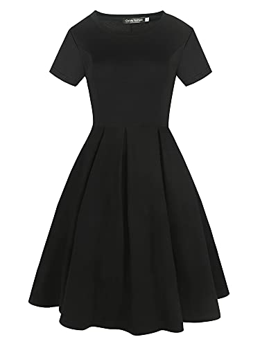 oxiuly Women's Vintage Half Sleeve O-Neck Contrast Casual Pockets Party Swing Dress OX253 (Black Short, M) - Image 2