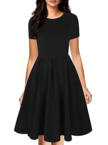 oxiuly Women's Vintage Half Sleeve O-Neck Contrast Casual Pockets Party Swing Dress OX253 (Black Short, M) - Image 4