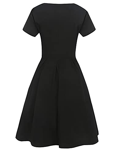 oxiuly Women's Vintage Half Sleeve O-Neck Contrast Casual Pockets Party Swing Dress OX253 (Black Short, M) - Image 3