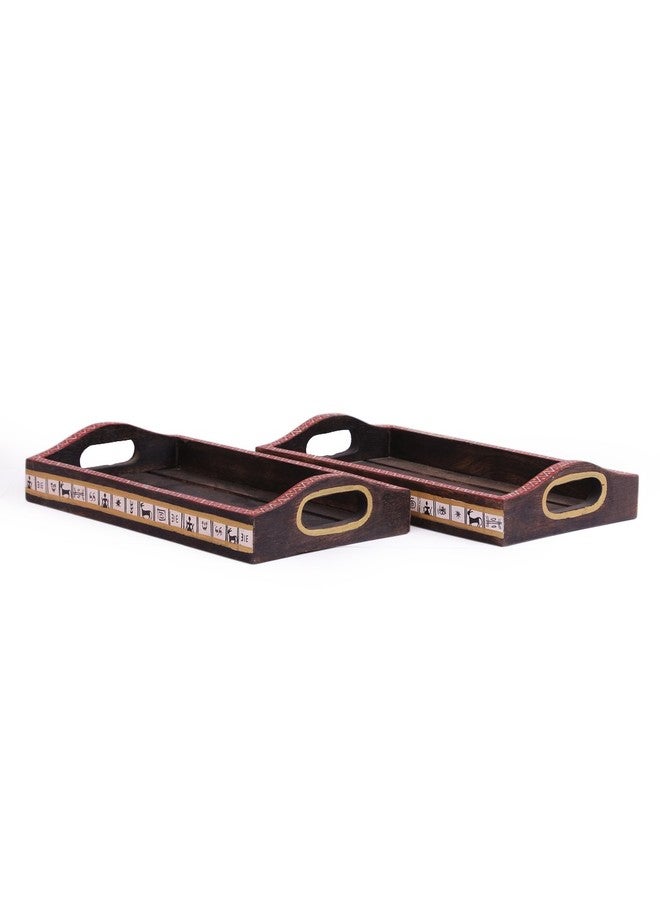 VarEesha Mango Wood Warli Painted Tray Set, Set of 2, Brown - Image 2