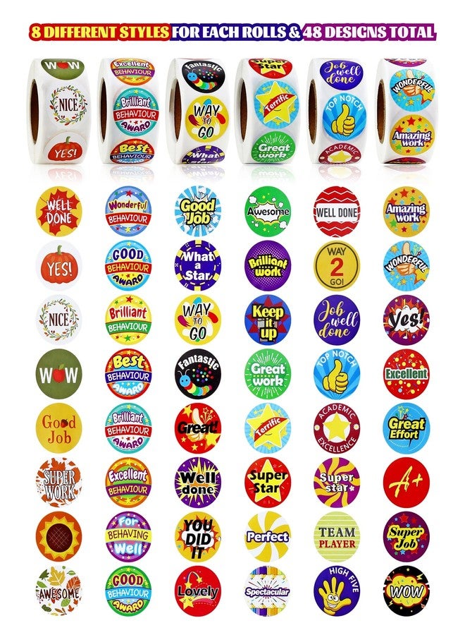 GAUENEEN 3000 Pcs Reward Stickers for Teachers, 6 Rolls of Motivational Stickers for Kids Students School Classroom in 48 Designs Styles - Image 4