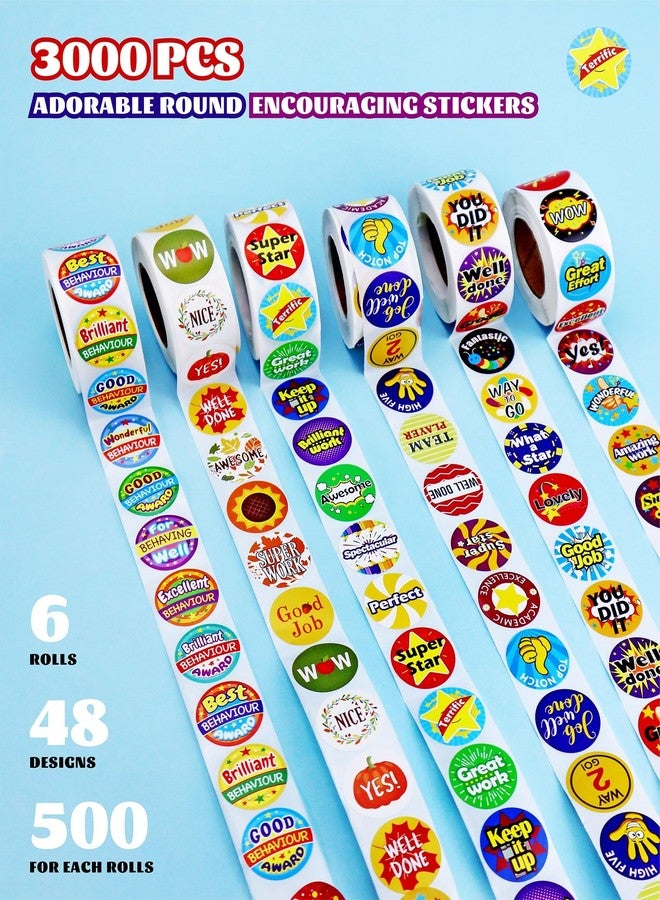 GAUENEEN 3000 Pcs Reward Stickers for Teachers, 6 Rolls of Motivational Stickers for Kids Students School Classroom in 48 Designs Styles - Image 3
