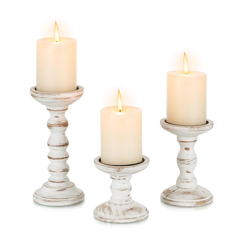 Candeldo Wood Candle Holders for Pillar Rustic Candles Holder Set of 3 Tall Table Centerpiece Decor Wooden White Farmhouse Decorations for Fireplace Mantle