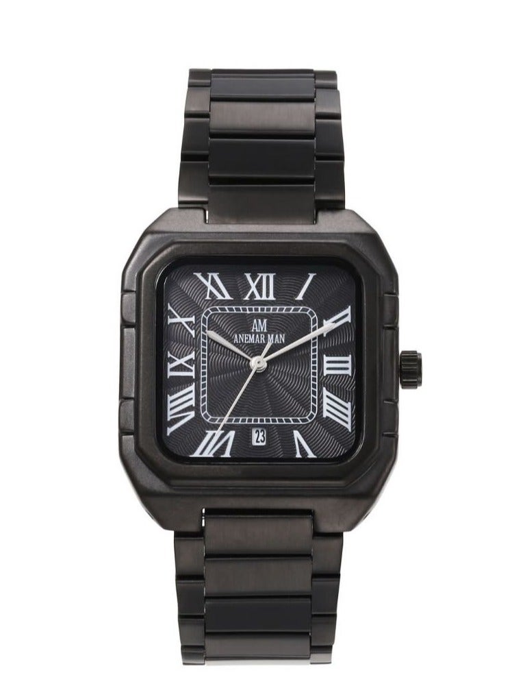 ANEMAR MAN Men's waterproof watch, high quality steel, black strap with black dial