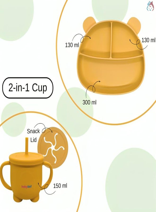 Babylief Baby Feeding Set, Silicone Plate with Suction Base and 2-in-1 (Sippy Cup & Snack Cup) Combo (Mustard Yellow) - Image 4