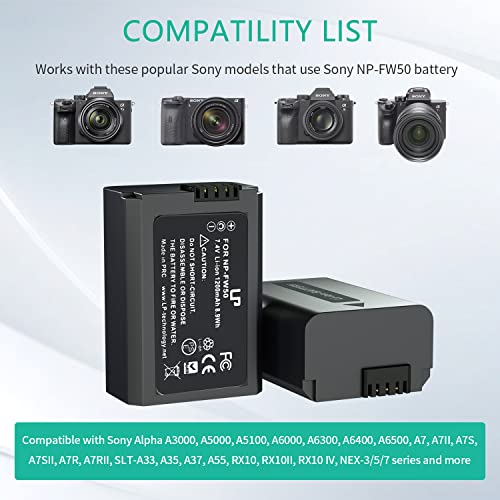 LP NP-FW50 Battery Charger Pack, 3-Pack 1200mAh Battery & Triple Slot Charger for Alpha A5000, A5100, A6000, A6100, A6300, A6400, A6500, A7, A7II, A7R, A7RII, A7S, A7SII, RX10, RX10III, RX10IV, EV-10 - Image 2