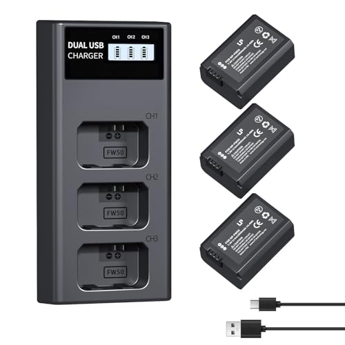 LP NP-FW50 Battery Charger Pack, 3-Pack 1200mAh Battery & Triple Slot Charger for Alpha A5000, A5100, A6000, A6100, A6300, A6400, A6500, A7, A7II, A7R, A7RII, A7S, A7SII, RX10, RX10III, RX10IV, EV-10 - Image 1