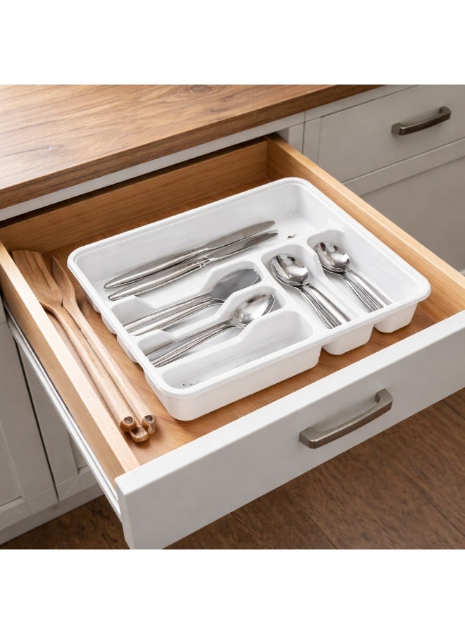Dunya Plastik Large Plastic Cutlery Tray Organizer For Kitchen Drawer, Deep Multi Compartment Utensil And Silverware Storage Divider, 38.6 x 31.2 x 7 cm (White) - Image 3