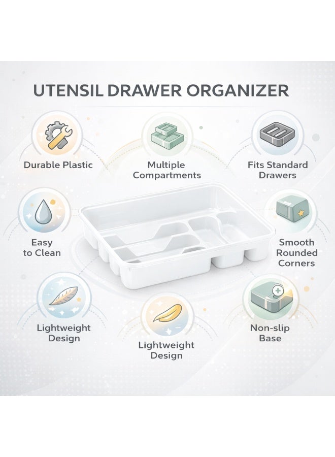 Dunya Plastik Large Plastic Cutlery Tray Organizer For Kitchen Drawer, Deep Multi Compartment Utensil And Silverware Storage Divider, 38.6 x 31.2 x 7 cm (White) - Image 5