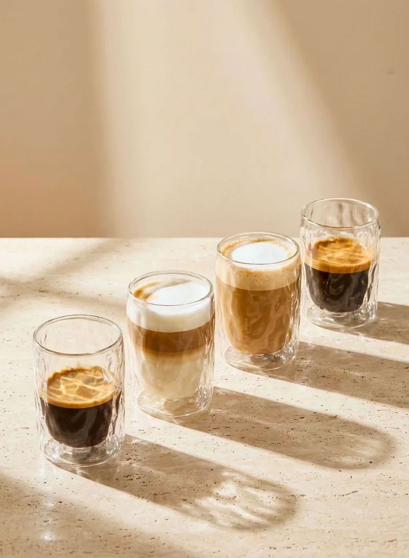 1Chase Glacier Double Wall Glass Cups Set of 4 – 400ML Borosilicate Coffee & Tea Glasses