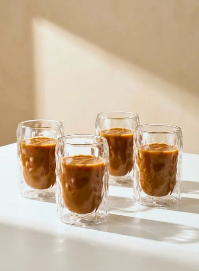 1Chase Glacier Double Wall Glass Cups Set of 4 – 400ML Borosilicate Coffee & Tea Glasses