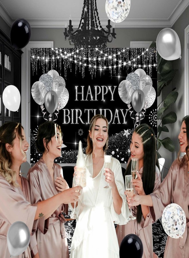 زينة حفلات عيد ميلاد باللون الأسود للرجال والنساء، قوس بالونات أسود وفضي، خلفية لافتة عيد ميلاد سعيد - Image 4