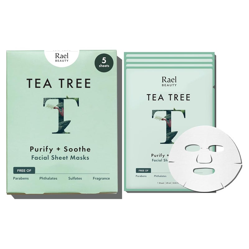 Rael Face Mask Skin Care, Tea Tree Face Masks - Bamboo Facial Sheet Mask, Korean Skincare, with Tea Tree Oil and Fruit Extracts, All Skin Types (Tea Tree, 5 Sheets)