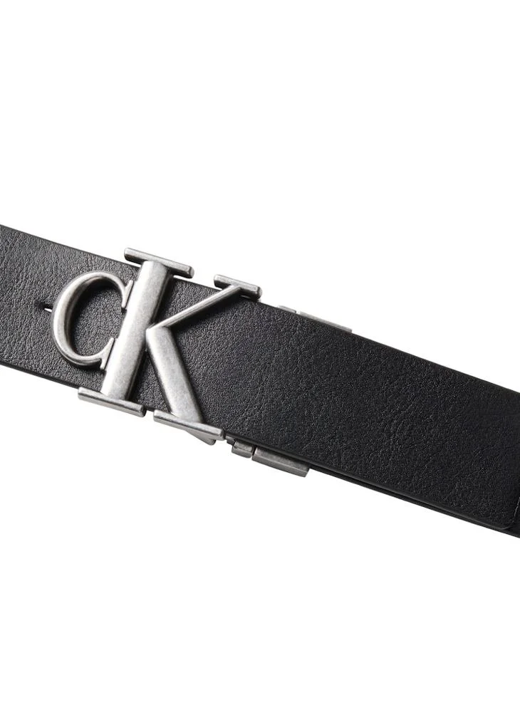 Calvin Klein Black/CK Cognac/Antique Silver Leather Adjustable Monogram Buckle Tumbled Belt for Men | Best Price UAE