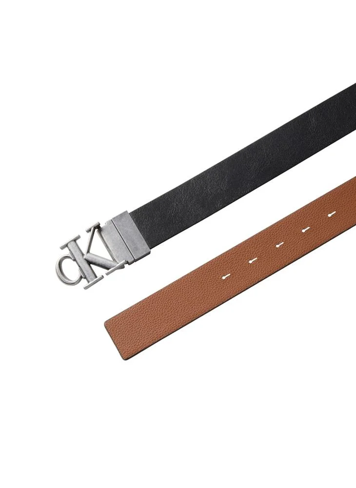 Calvin Klein Black/CK Cognac/Antique Silver Leather Adjustable Monogram Buckle Tumbled Belt for Men | Best Price UAE