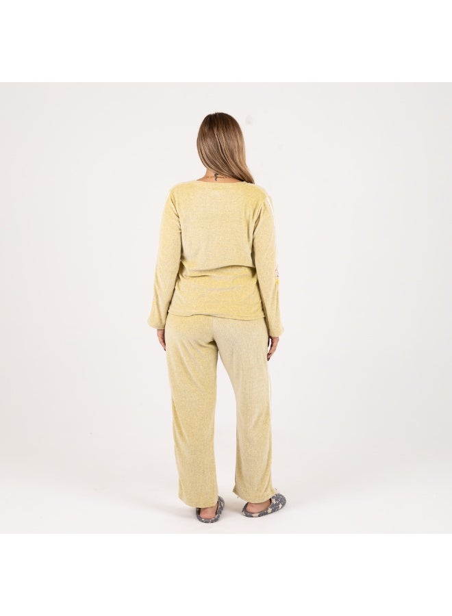 زيكوتكس  طقم بيجامة نسائي شتوي من قطعتين - قطيفة مطرزة بأكمام طويلة - أصفر فاتح (ليموني) - Image 5