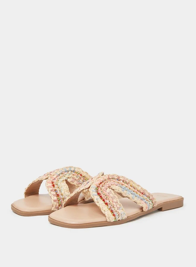 Styli  Beige Embellished Flat Sandals for Women | Best Price UAE