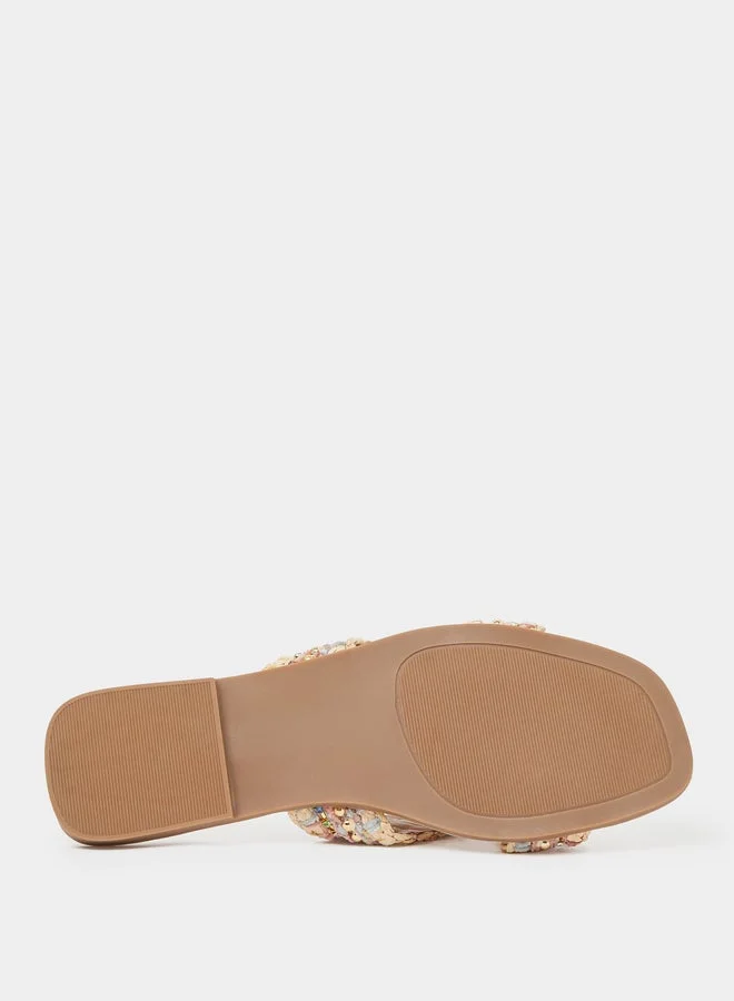 Styli  Beige Embellished Flat Sandals for Women | Best Price UAE