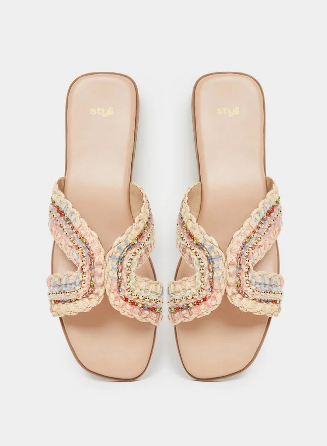 Styli  Beige Embellished Flat Sandals for Women | Best Price UAE