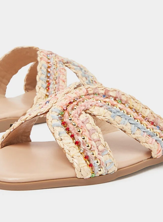 Styli  Beige Embellished Flat Sandals for Women | Best Price UAE