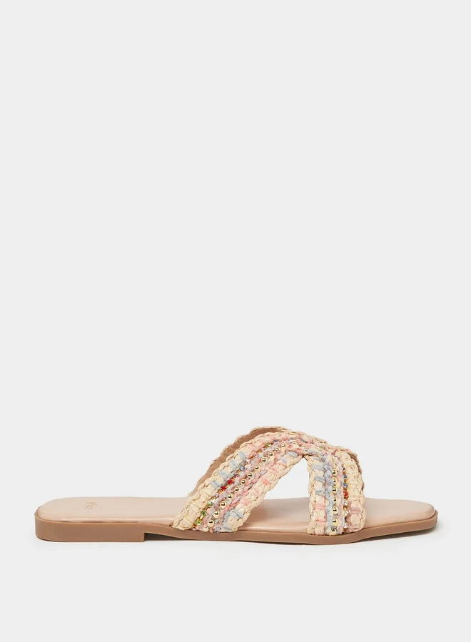 Beige Embellished Flat Sandals