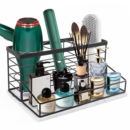 Siyzda Hair Tool Organizer, Movable Hair Dryer Holder, Hair Styling Tools Storage for Vanity, Bath Counter Organizer, Bathroom Trays for Hair Toiletry, Makeup (12" x 7.7" x 5.8", Marble-Black) - Image 1