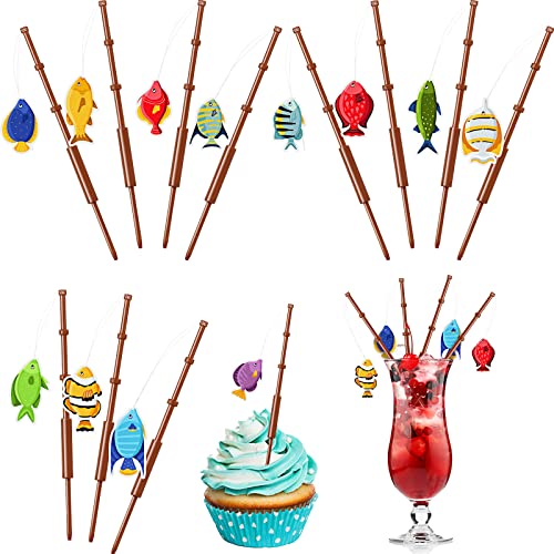 Juinte 36 Pcs Fishing Birthday Party Decorations Fish Cupcake Pole Picks Fishing Themed Party Supplies Little Fisherman Tropical Appetizer Pick Cocktail Decoration for Tropical Cocktail Cake Decor - Image 1