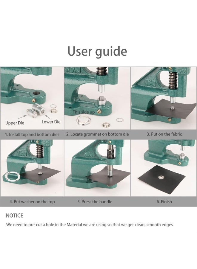 Hand Press Heavy Duty Eyelet Grommet Machine Punch Tool Kit- Heavy Duty Grommet Press-with 3 Interchangeable Dies and 1500 Pcs Silver Grommets (Color : Green)  - Image 5