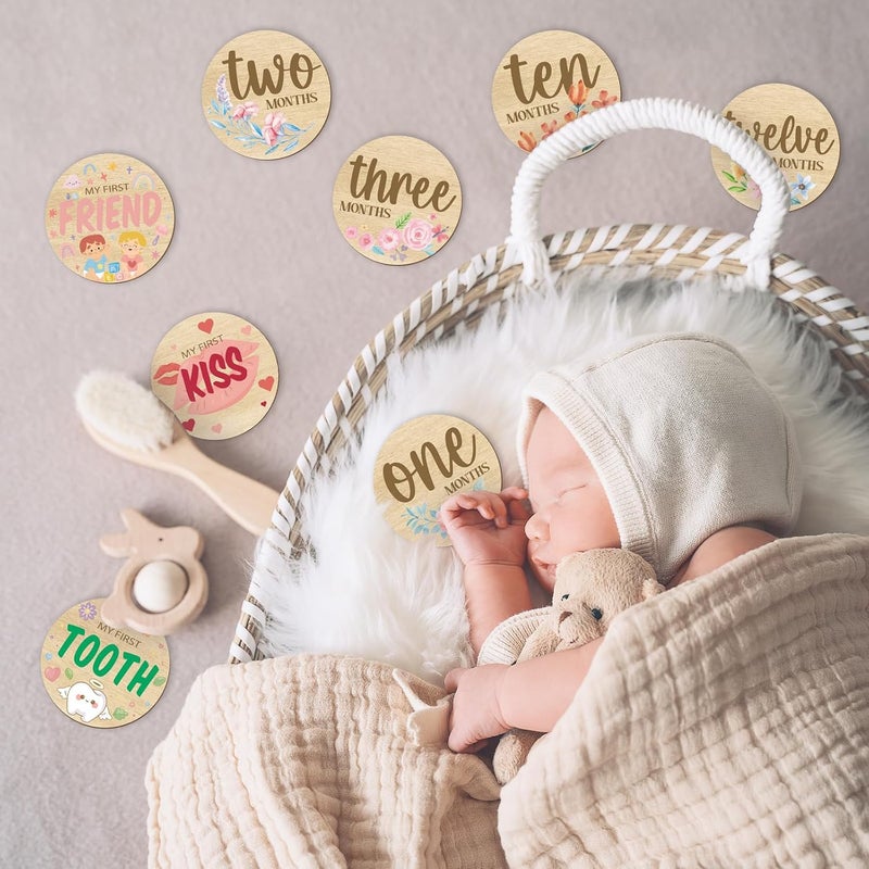 Al Raied ARS® 10PCS Baby Monthly Milestone Photo Cards - Double Sided Wooden Milestone Discs for Newborn Announcement and Baby Shower Gifts - Image 3
